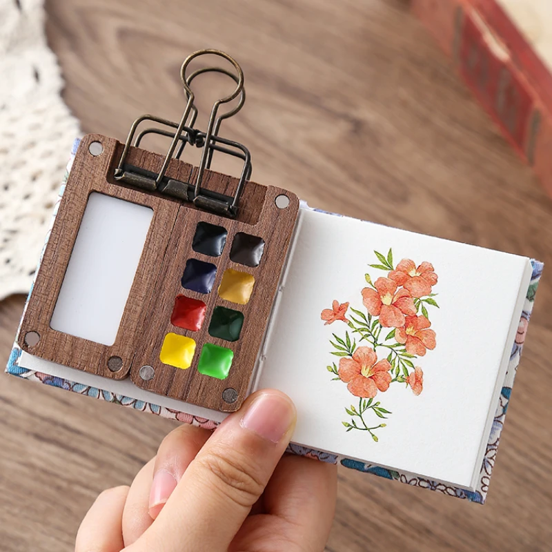 Set di acquerelli da viaggio portatili Schmincke Acquerello 8 colori Mini scatola di vernice in noce Quaderno per schizzi Forniture artistiche per gite per studenti