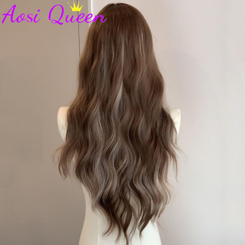 AosiQueen ブラウンブロンドロング波状合成かつら中間部ナチュラルウィッグ耐熱コスプレパーティー毎日の髪のかつら女性のための