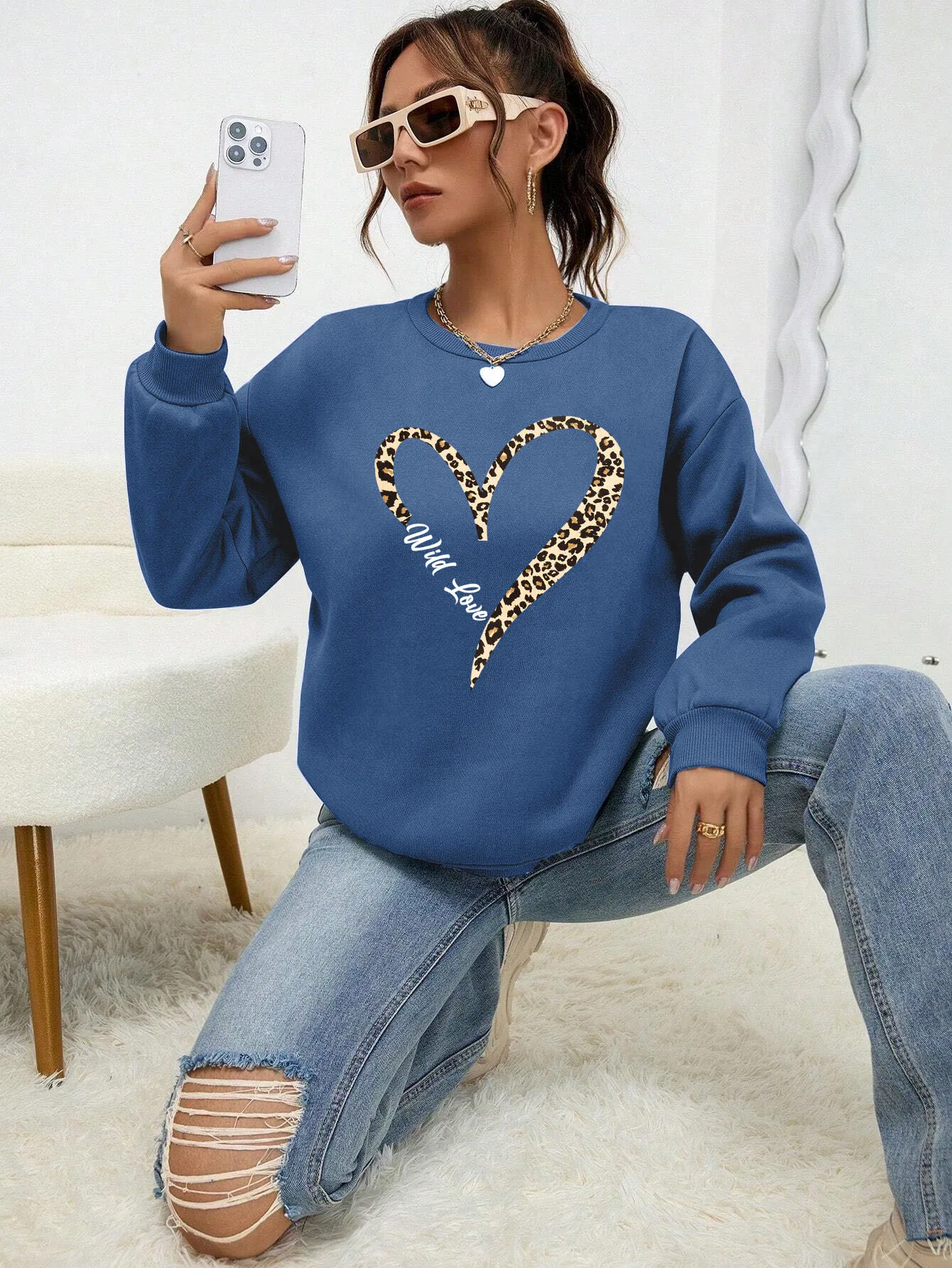 Luipaard Wild Heart Patroon Print Vrouwelijk Sweatshirt Straat Bontvoering Truien Hipster Kleding All-Match Trainingspak met Ronde Hals