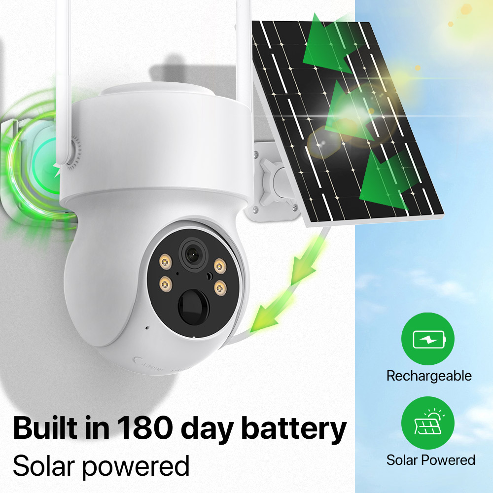 Drahtlose Solarkamera für den Außenbereich, eingebauter Akku, 4 MP HD WiFi, PTZ-Kamera, PIR-Menschenerkennung, Videoüberwachungskamera, iCsee APP