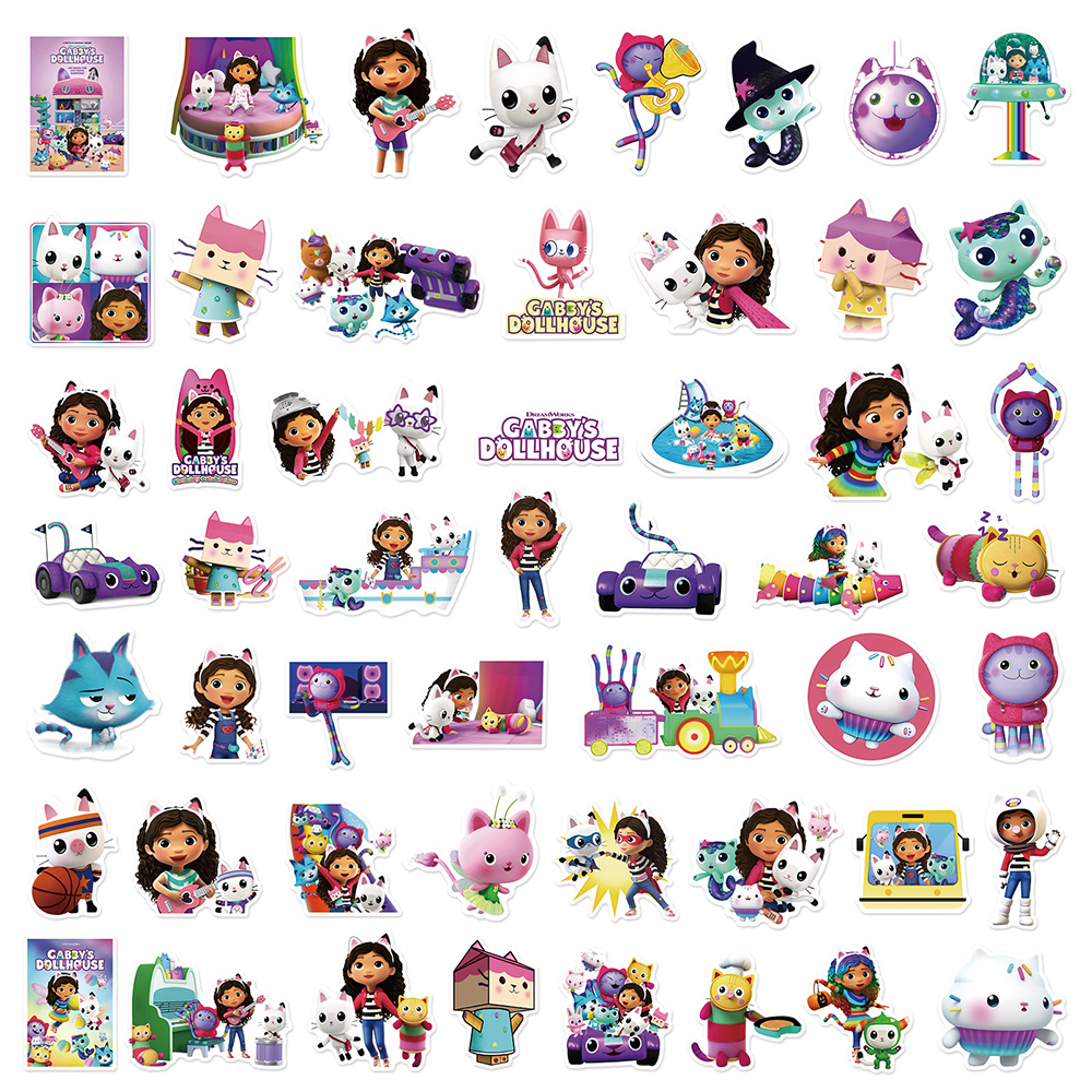 10/30/50 pçs bonito gabby casa de bonecas dos desenhos animados adesivos engraçado animação decalques garrafa água telefone bagagem adesivo para crianças brinquedo presente
