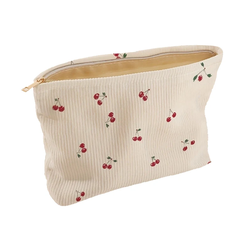 Modische Make-up-Tasche aus Cord mit Kirschmuster, großes Fassungsvermögen, leichte Make-up-Aufbewahrungsbox mit Reißverschluss, multifunktionale Tasche mit Futter
