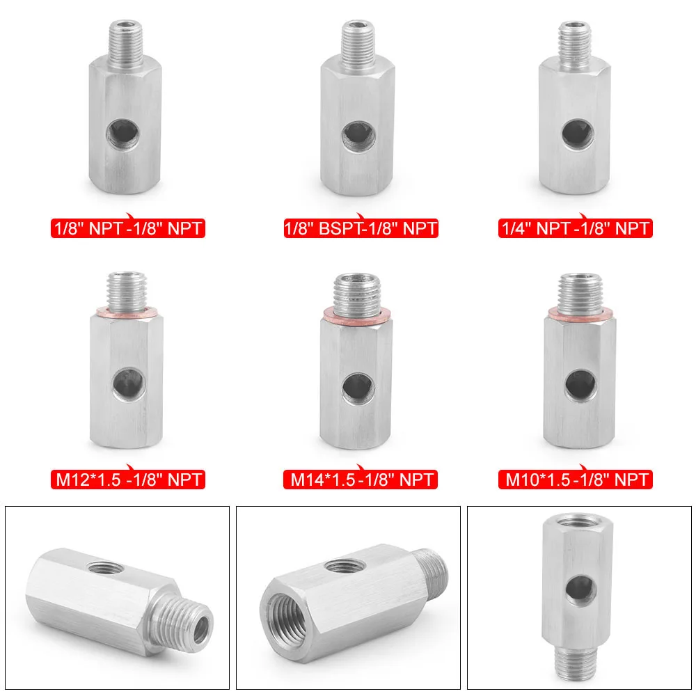 Stainless Steel Side Holes Oil Pressure Sensor Connector 1/8"NPT Female To M12 M10 M14 Feed Line Gauge Tee Adapter