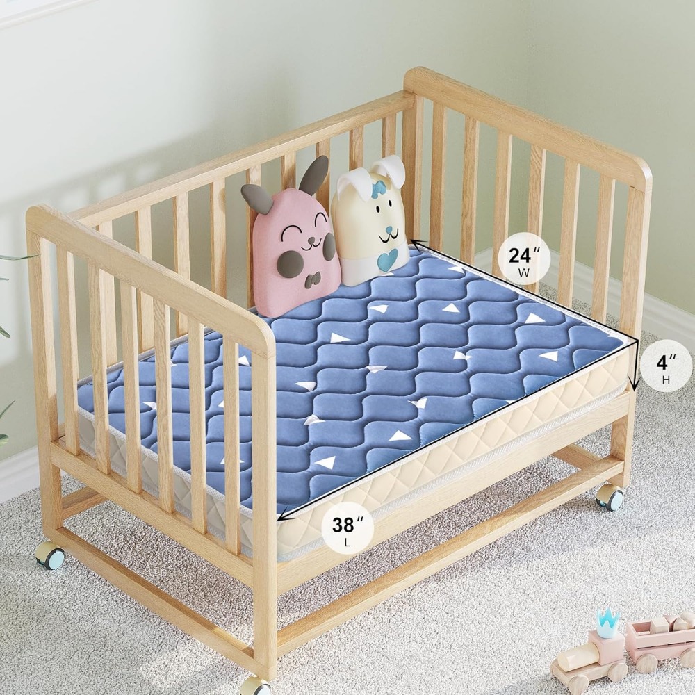 2024Premium Foam 4" Mini Crib Mattress 38" X 24" Thickened Design 3D Wrapped Edge - Comfortable and Firm, Soft Microfiber Fabric