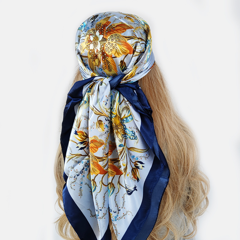 90*90cm lenço de cabelo feminino designer de moda belas flores foulard macio cetim xale lenço quadrado lenços de seda pescoço lenço