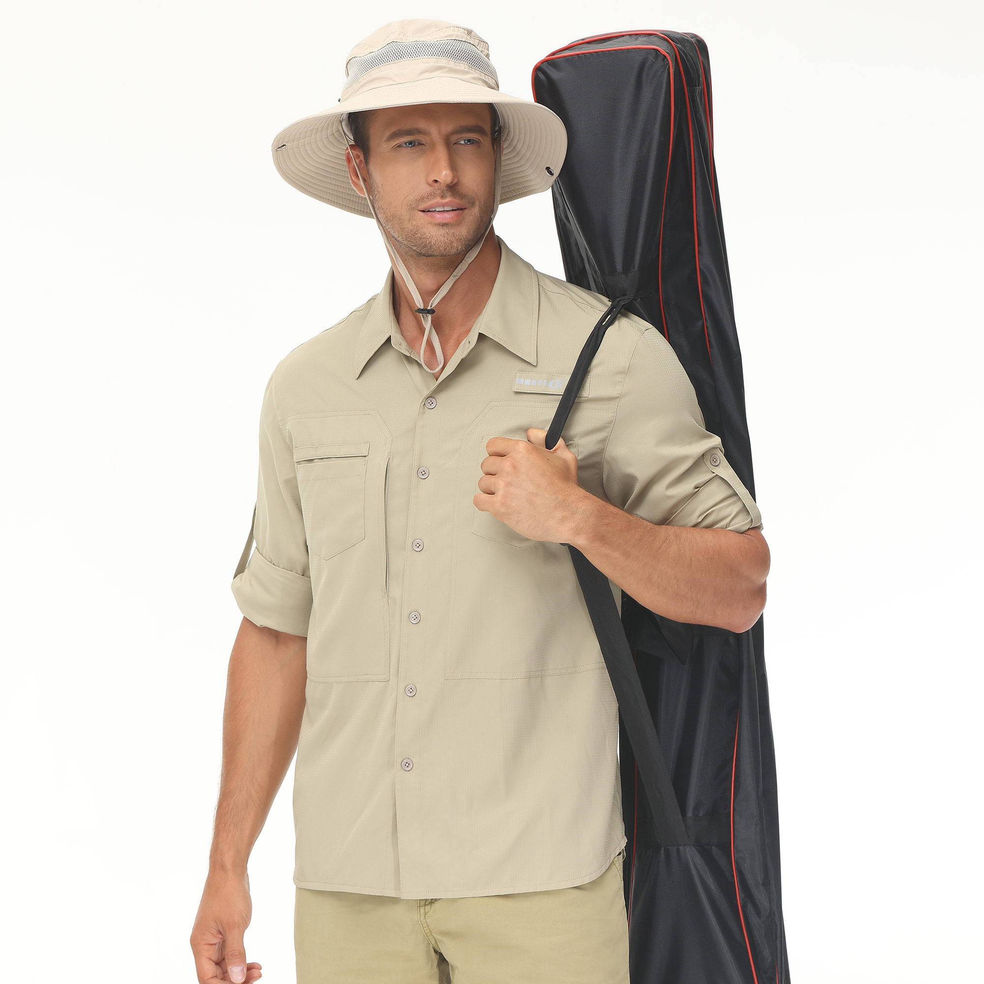 Camisas de pesca de manga larga UPF 50+ para hombre, protección solar, transpirable, ligera, para viajes, trabajo, camisa con botones y bolsillo con cremallera