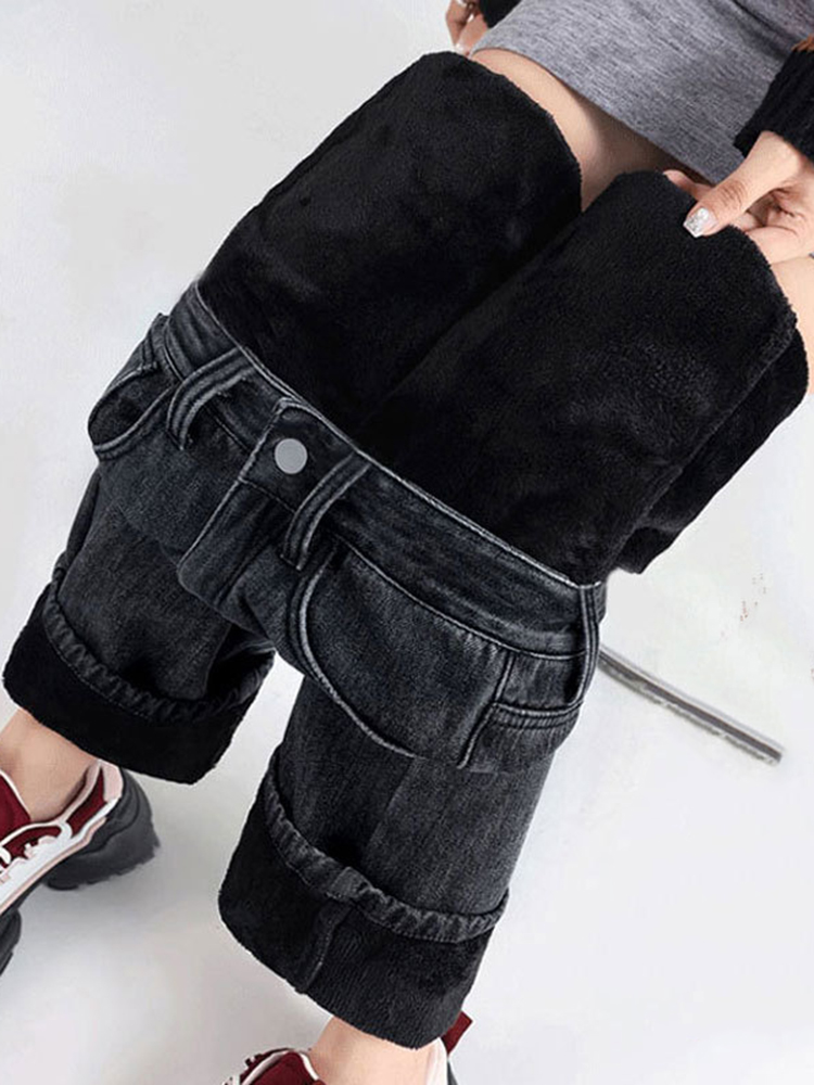 ผู้หญิง Thicken Baggy ตรงกางเกงยีนส์ฤดูหนาว WARM High เอวกํามะหยี่เรียงรายขากว้างกางเกงเกาหลีแฟชั่นสบายๆ Vaqueros