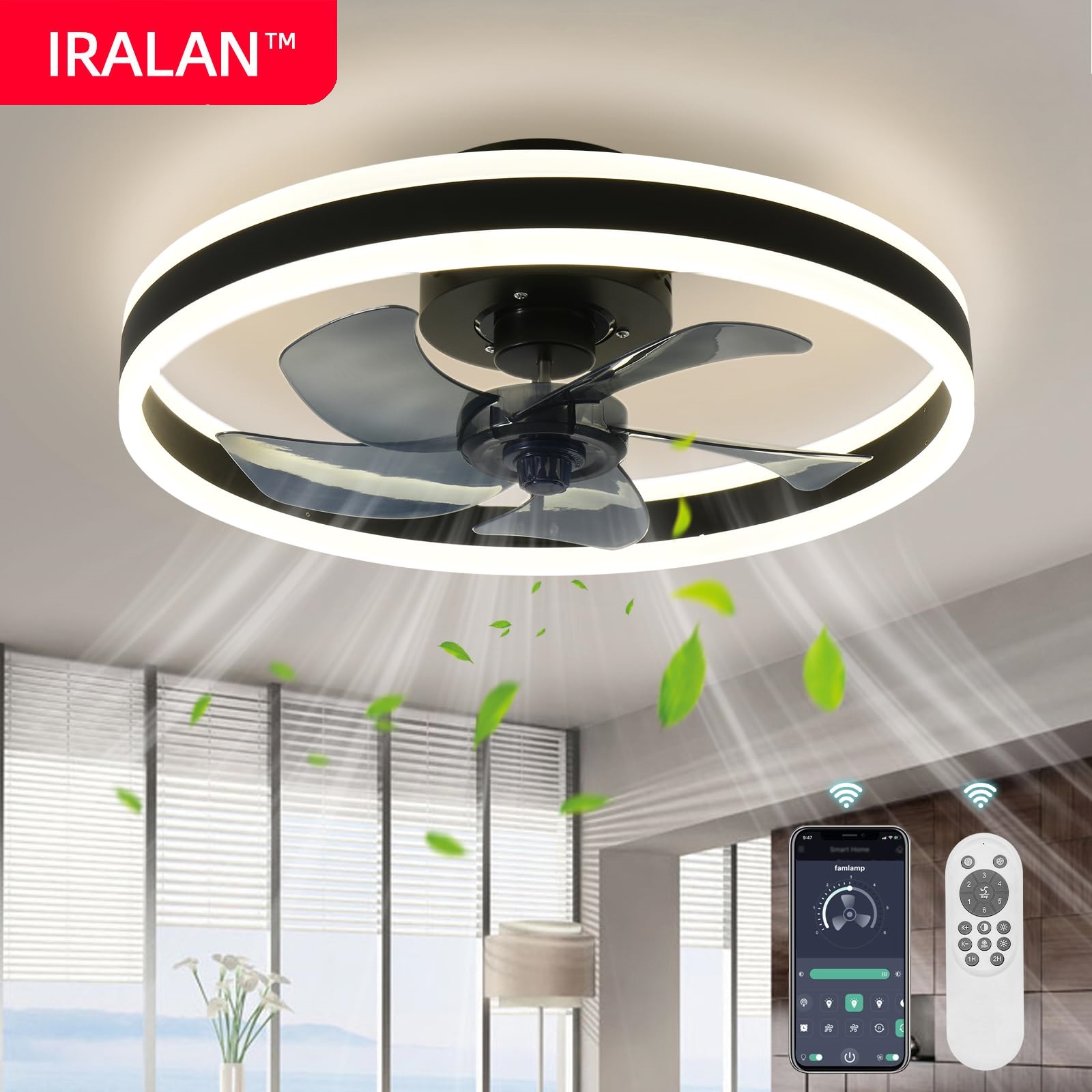 Ventiladores de techo IRALAN con lámpara, lámpara de techo Reversible remota por aplicación para dormitorio, ventilador Ceiing, luces Led, candelabros negros/blancos de 60W
