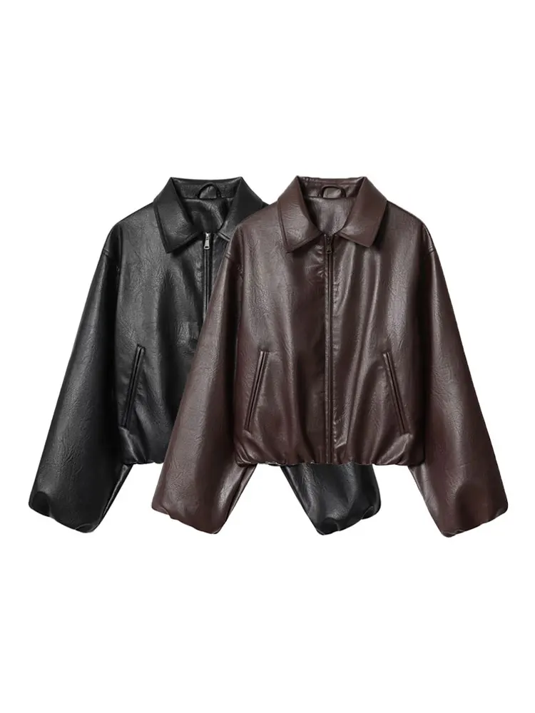 Damen-Bomberjacke aus Kunstleder, langärmelig, schicke Oberbekleidung, elastischer Saum, weibliches modisches Oberteil