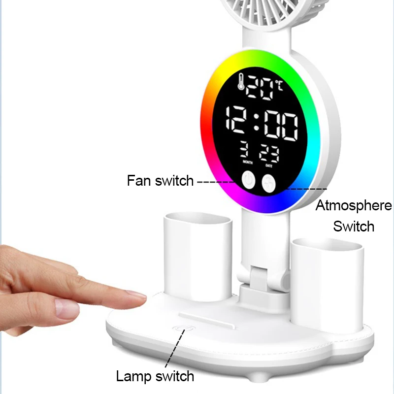 Wiederaufladbare LED-Tischlampe für Arbeitszimmer, Schreibtischlampe, Leselicht, LED-Nachtlicht mit Ventilator, LED-Uhr, Display, Lesen, Schreibtischleuchte