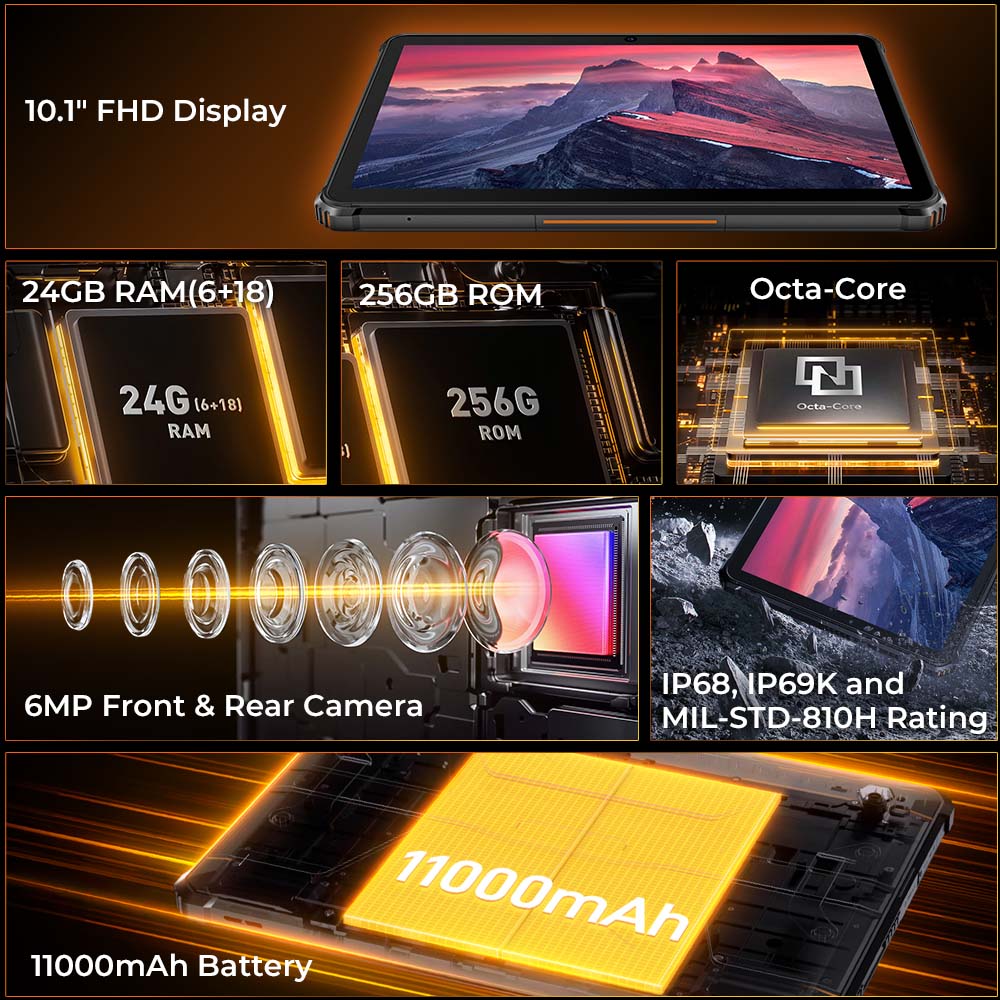 Oukitel RT9 10.1 "Tablet robusto com tela HD Bateria de 11000mAh 24GB RAM 256GB ROM Mesa robusta Android 14.0 Tablet PC
