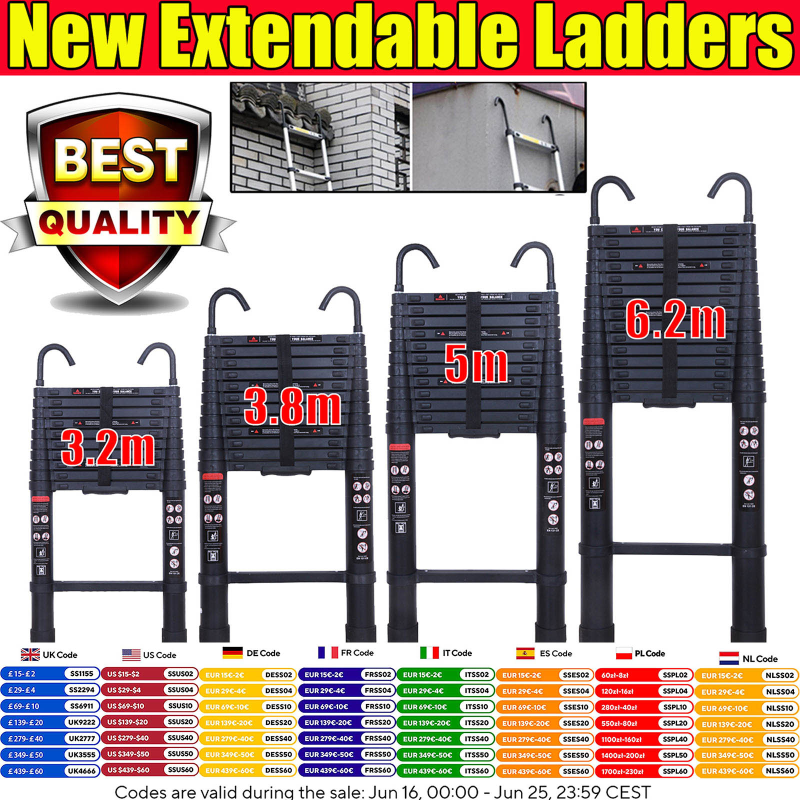 ¡NUEVO! Escaleras telescópicas negras más fuertes, 10,5 pies-20,3 pies, plegables de aluminio con ganchos desmontables, escalones extensibles, herramienta antideslizante para el hogar