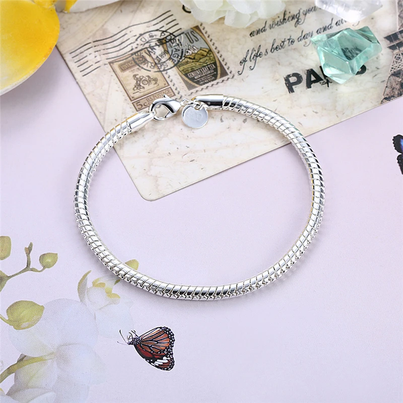 Plata de Ley 925, cadena de serpiente de 3mm, pulsera básica de 8 pulgadas para mujer, abalorio, joyería de fiesta de compromiso de boda