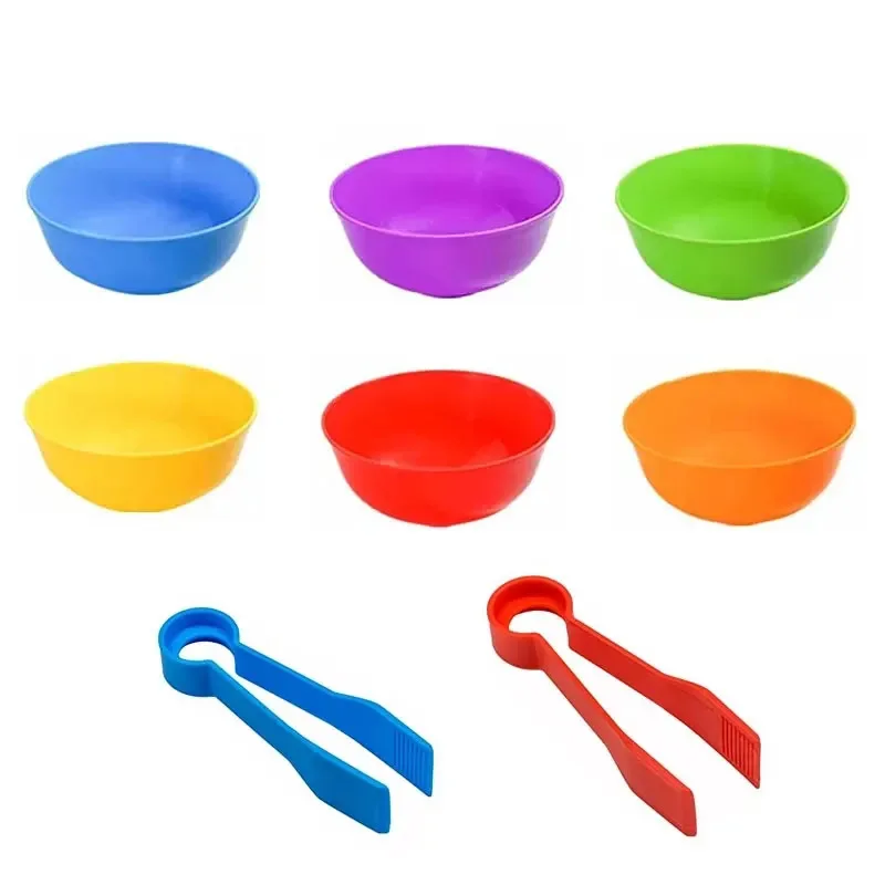 Children Counting and Sorting Toys  Pom poms Rainbow Colors Plastic Bowls Tweezers Fine Motor Skill Chidlren Learning Toys