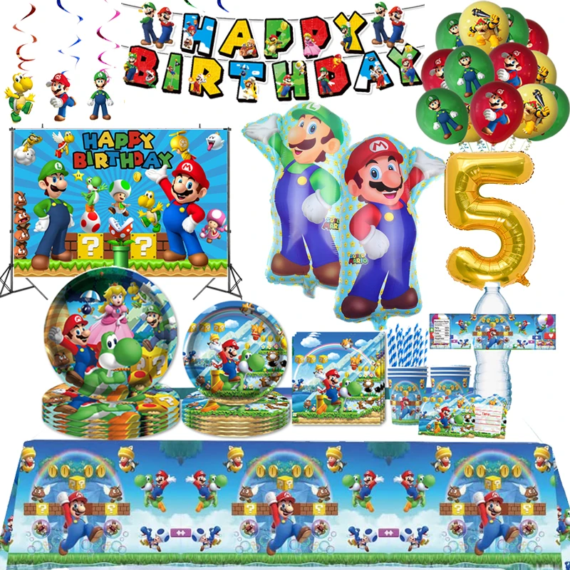 New Mario Birthday Decoration Cartoon Super Bros Party Supplies Kids Disposable Tableware Stickers Plate Balloons