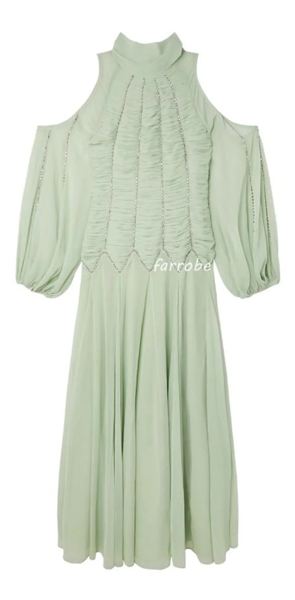 ที่กําหนดเองซับซ้อนประณีตชีฟองจีบ Draped Rhinestone A-Line คอ Midi ชุด Bespoke โอกาสชุด Pastrol
