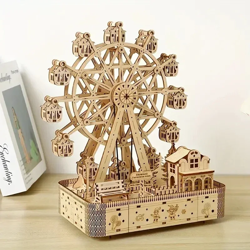 Ferris ล้อเพลงกล่องรุ่น LED Light 3D ปริศนาไม้ DIY Assembly Building ชุดงานฝีมือตกแต่งบ้านผู้ใหญ่เด็กของขวัญ