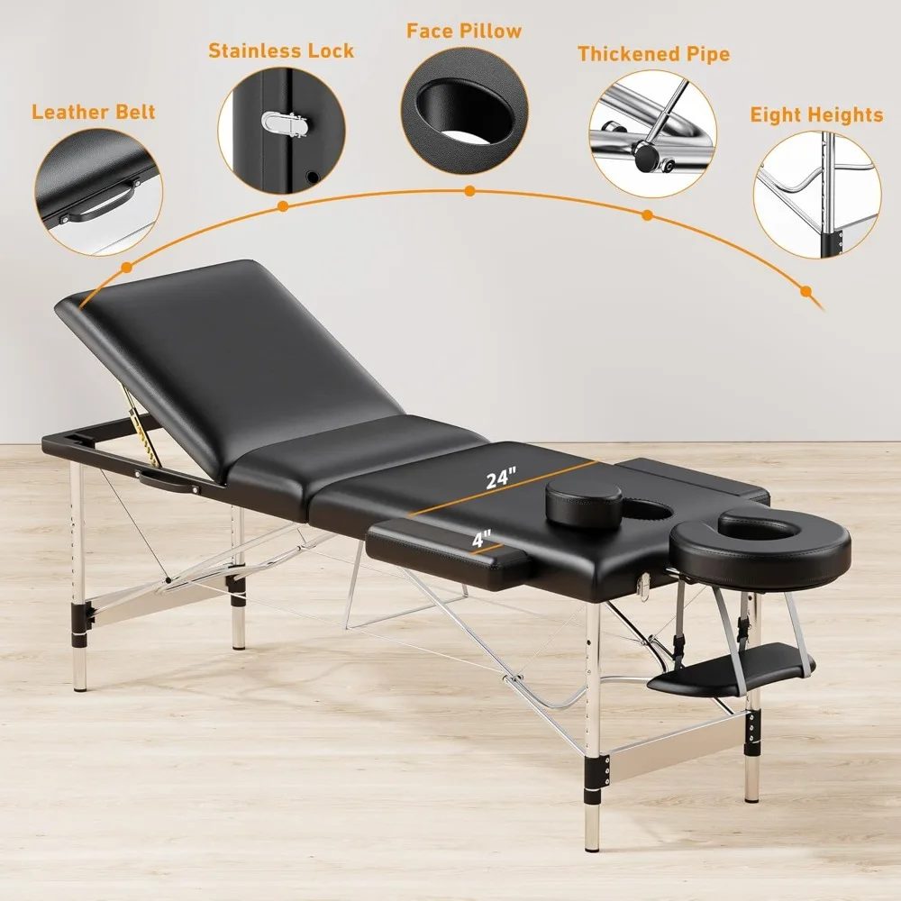 Massage Table Portable  Professional 3 Sections Reclining Massage Bed Lash Bed, Aluminium Adjustable