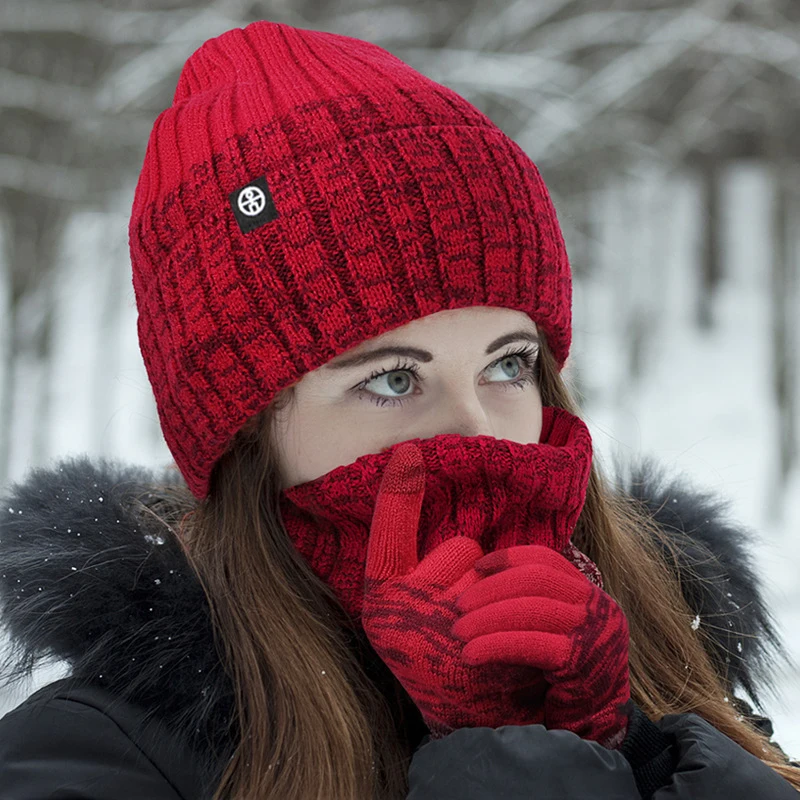 Conjunto de gorro y bufanda para hombre y mujer, conjunto de guantes de redecilla, rampa degradada, color rojo, azul y negro, 3 piezas