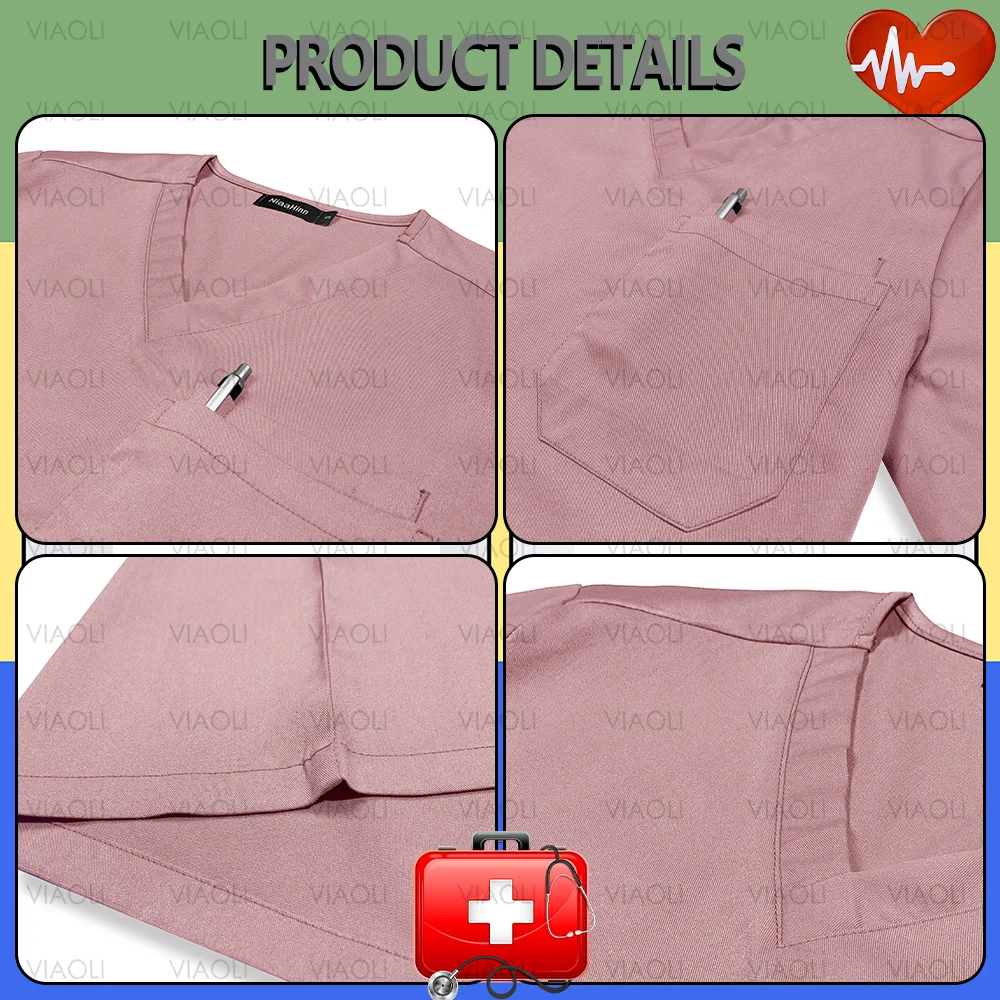 ユニセックス病院臨床作業服セット、看護ユニフォーム、低木シャツ、ストレートパンツ、看護アクセサリー、医療外科用ウェア、S-XXXL