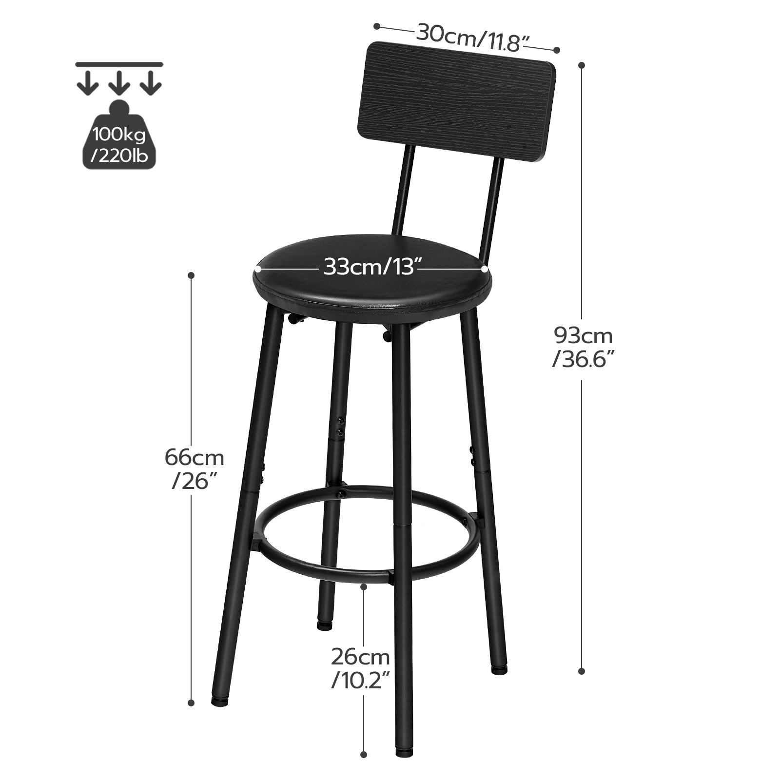 HOOBRO Bar Stools Set of 2 Bar Stools with PU Upholstered Bar Chairs with Footrest and Back 26" Bar Stools for Kitchen Island