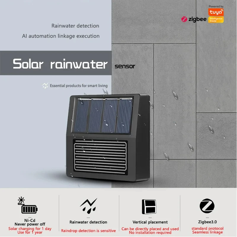 Tuya Zigbee Sensor de chuva solar Controle de aplicativo sem fio Suporte de detecção de chuva em tempo real