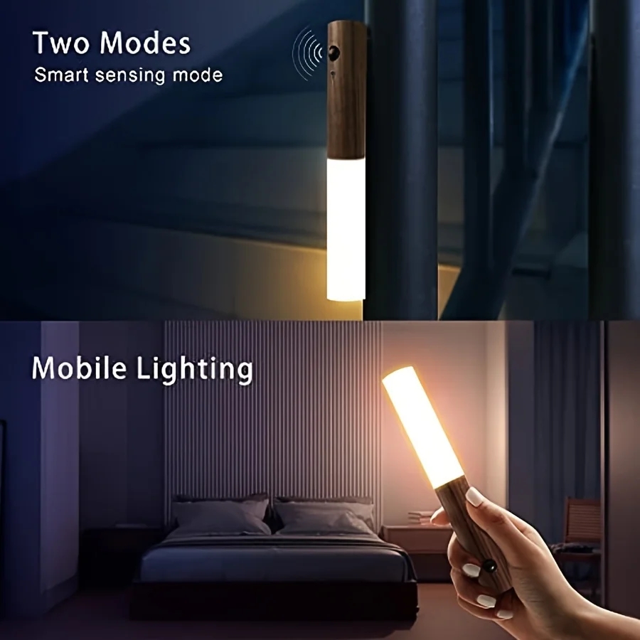 Led de madeira usb luz da noite lâmpada parede magnética armário cozinha luz casa escada quarto mesa mover lâmpada iluminação cabeceira