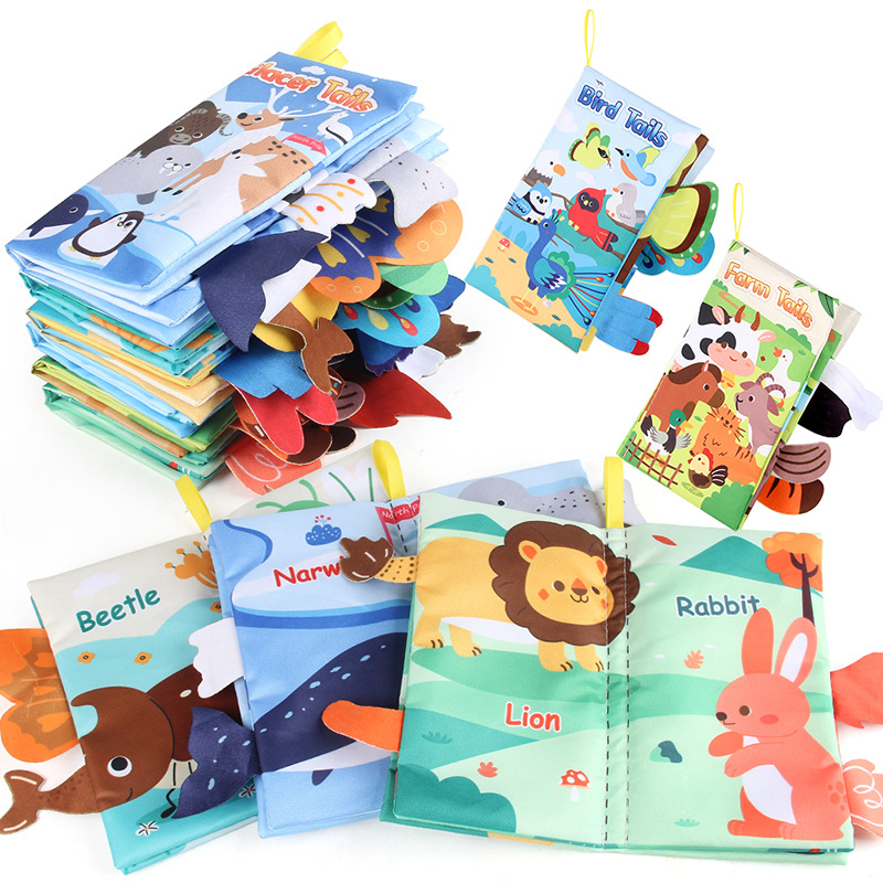 Livro de pano para bebês, brinquedos educativos com cauda de animais de desenho animado, livro de pano de papel com anel, iluminação, brinquedos para bebês de 0 a 12 meses, presentes