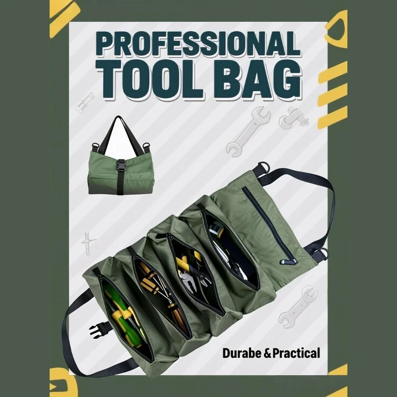 Foldable Tool Organizer Pro: 4+ Zippered Pockets Thick Shoulder Strap for Pliers/Screwdrivers Storage - Fold Compact Mode Ready!