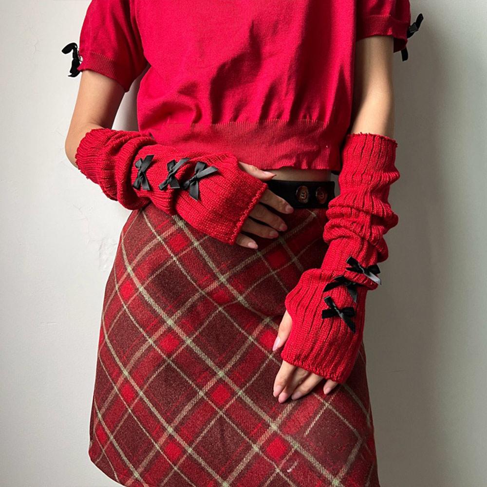 Lolita bowknot aquecedores de braço japonês harajuke y2k doce malha manga longa luvas sem dedos góticas para mulher