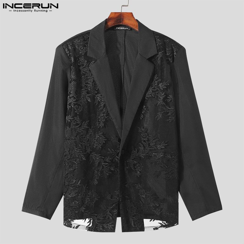 INCERUN, chaqueta para hombre, malla de retales de encaje, solapa transparente, trajes informales de manga larga, ropa de calle para hombre, abrigos de moda con un botón 2024