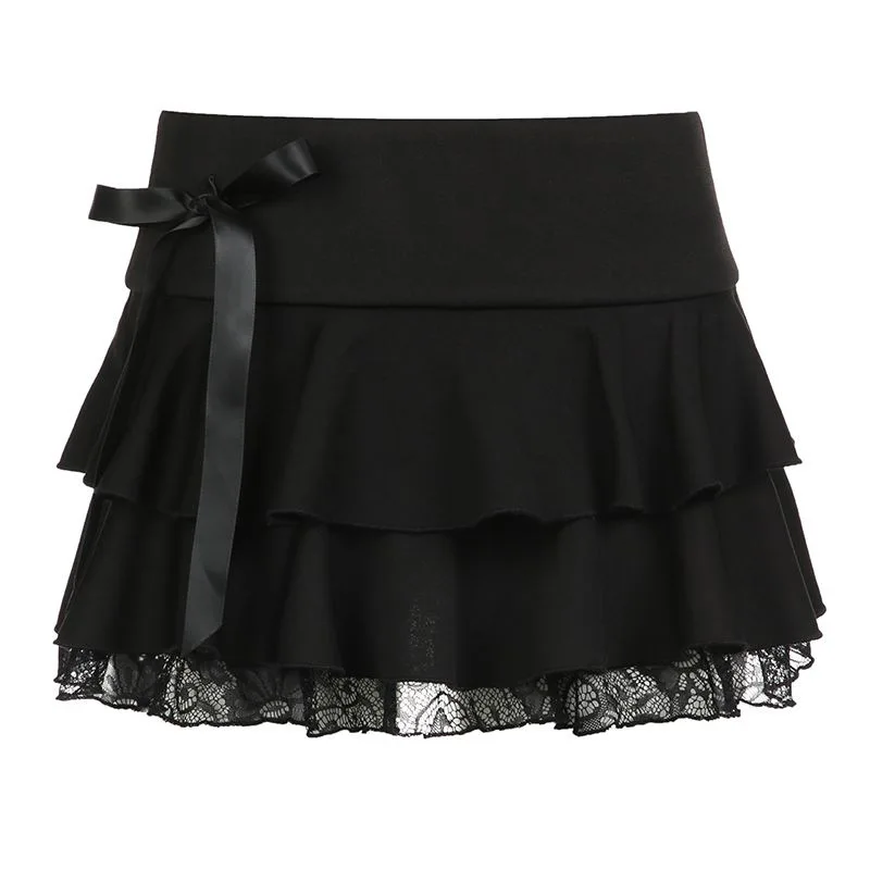 Goth Y2K Minigonna a linea con fiocco in pizzo nero Donna Streetwear coreano