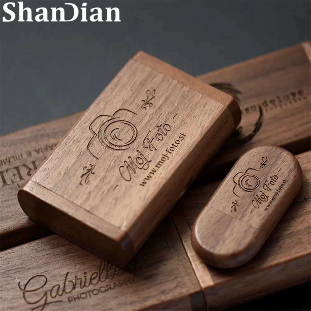 Shandian logotipo grátis de madeira + caixa usb 2.0 pen drive 4gb 16gb 32gb 64gb flash drive memória vara fotografia casamento presente u disco