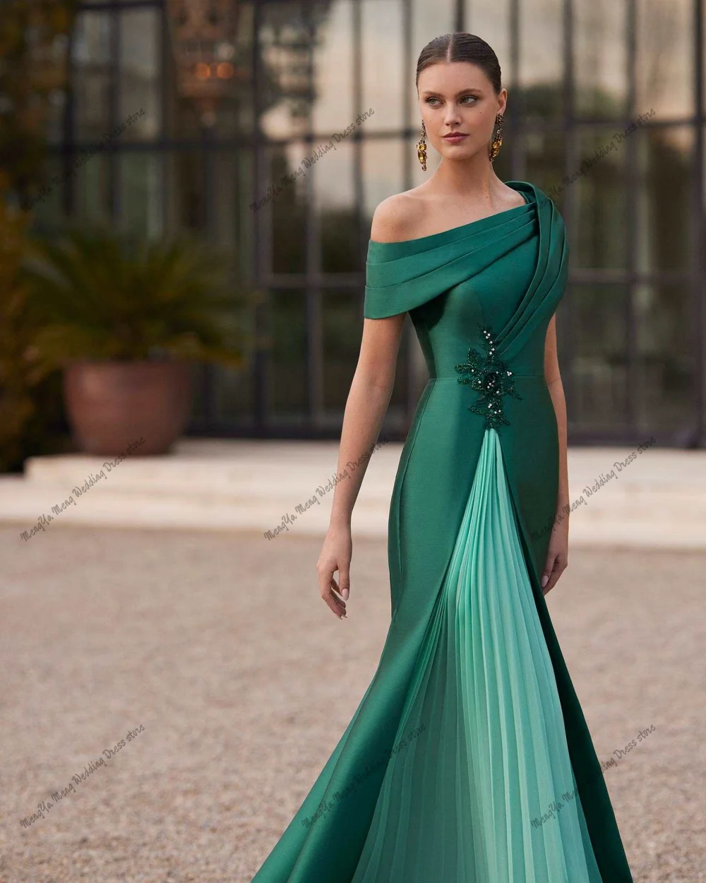 Elegante verde de um ombro noiva mãe vestido de renda apliques com fenda vestidos de noite plissados noiva mãe vestidos personalizados 2025