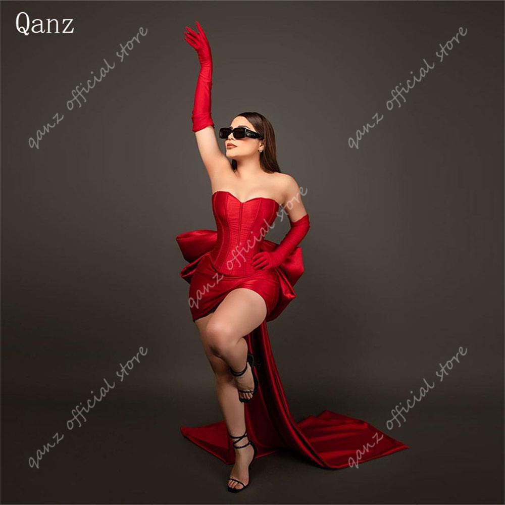 Qanz Red Sweetheart наряды на день рождения женские атласные короткие коктейльные платья по индивидуальному заказу со шнуровкой сзади и бантом Mezuniyet Balo Elbiseleri