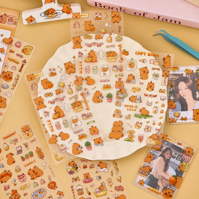 6PCs Kawaii Capybara Naklejki Cartoon Naklejki dla majsterkowiczów Album na konto ręczne Naklejki do dekoracji pamiętnika Estetyczne artykuły papiernicze Prezenty