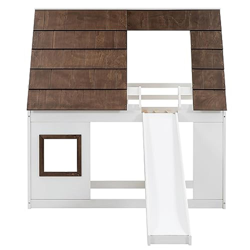 Wooden Twin Bunk Beds with Slide and Playhouse Design White Pine Wood Low Bunk Bed