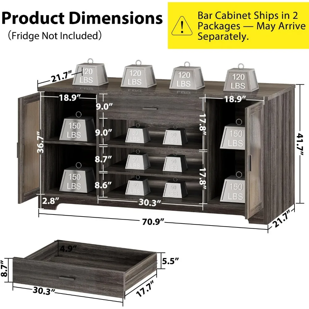 Coffee Bar Cabinet with Wine Mini Fridge Space, Farmhouse Large Liquor Cooler Cabinets with Drawer Storage Rack, Modern Wood Me