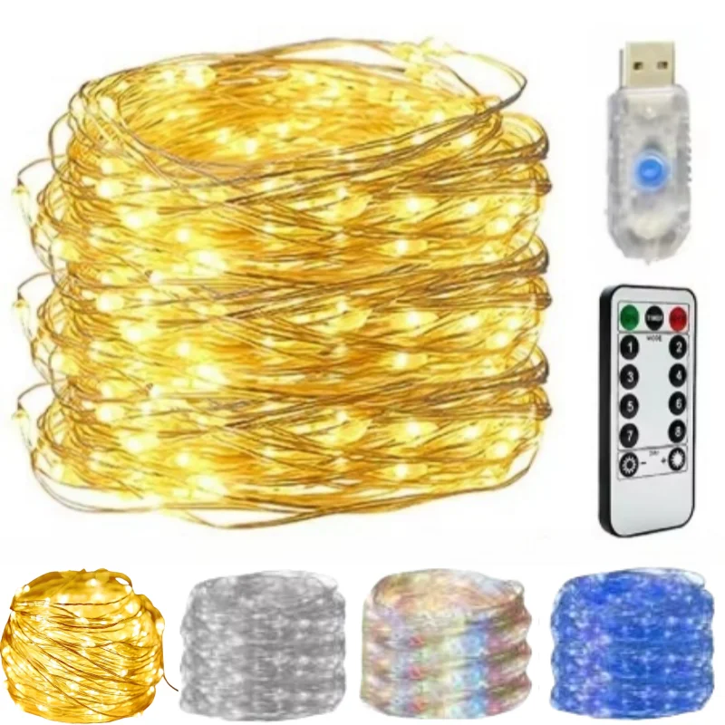 Lampki LED USB Fairy String 2/5/10/20/30M, srebrny drut, 8 trybów świecenia, pilot zdalnego sterowania, do dekoracji sypialni i na Boże Narodzenie