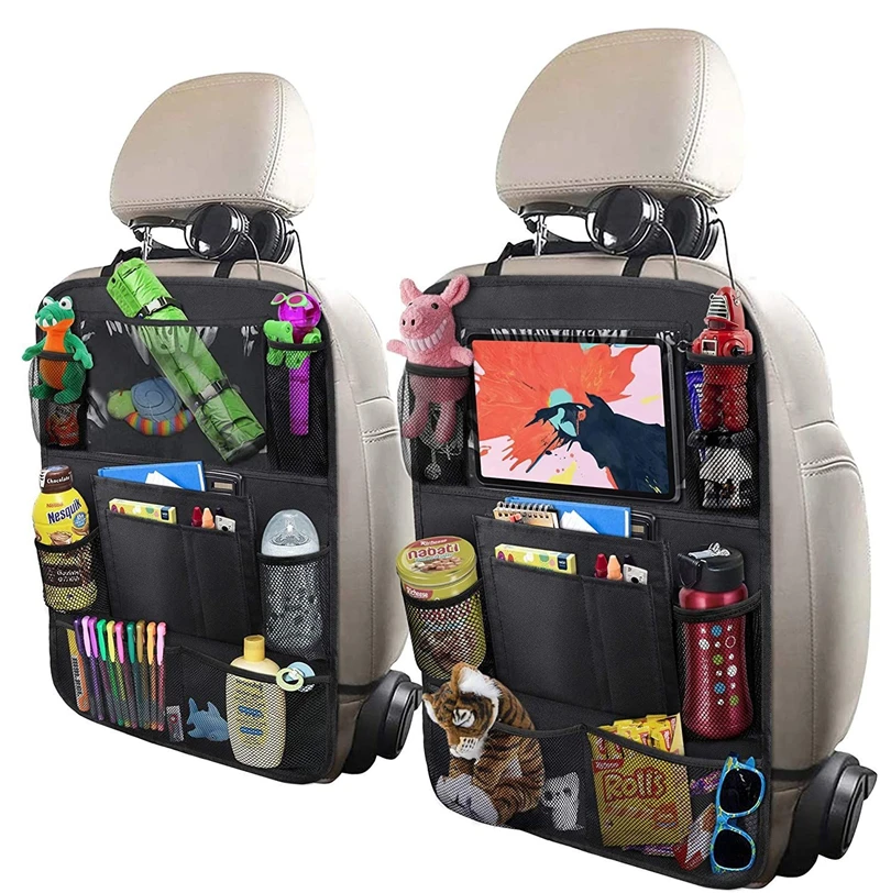 Organizador de asiento trasero de coche con soporte de mesa, 9 bolsillos de almacenamiento, protectores de asiento trasero, tapetes para niños pequeños, accesorios de viaje