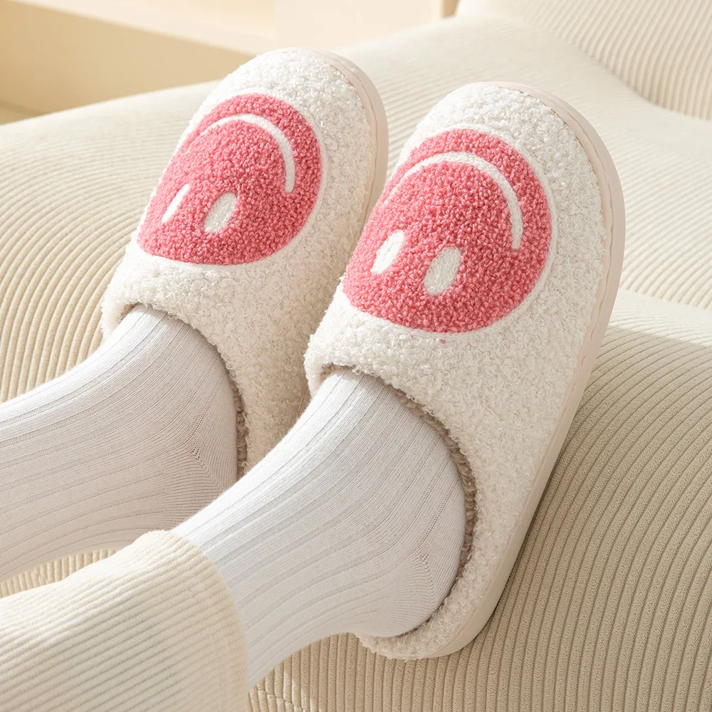 Sourire Pop hiver intérieur confortable pantoufles en peluche moelleux coton pantoufles antidérapant chaud ménage pantoufles