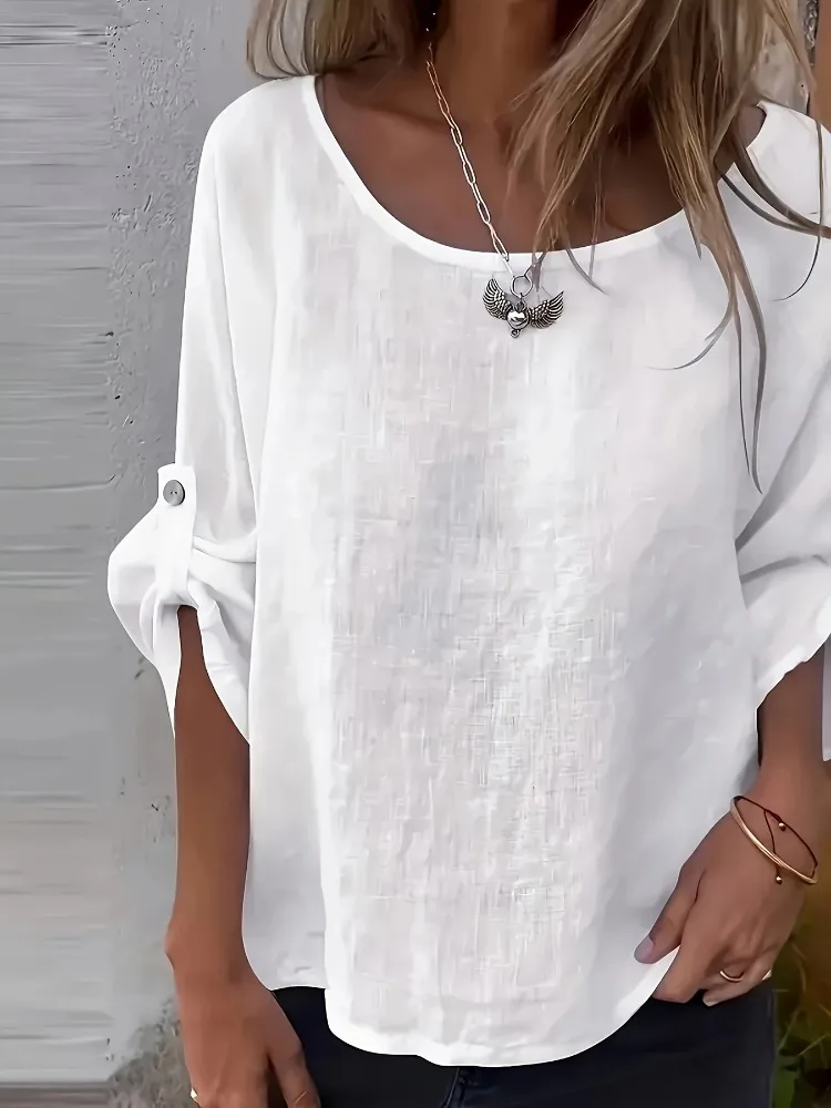 Plus Size Damenmode, Sommer, atmungsaktiv, Rundhalsausschnitt, lockere Passform, Oberteile, Blusen, halbe Ärmel, lässig, einfarbig, Damenbekleidung