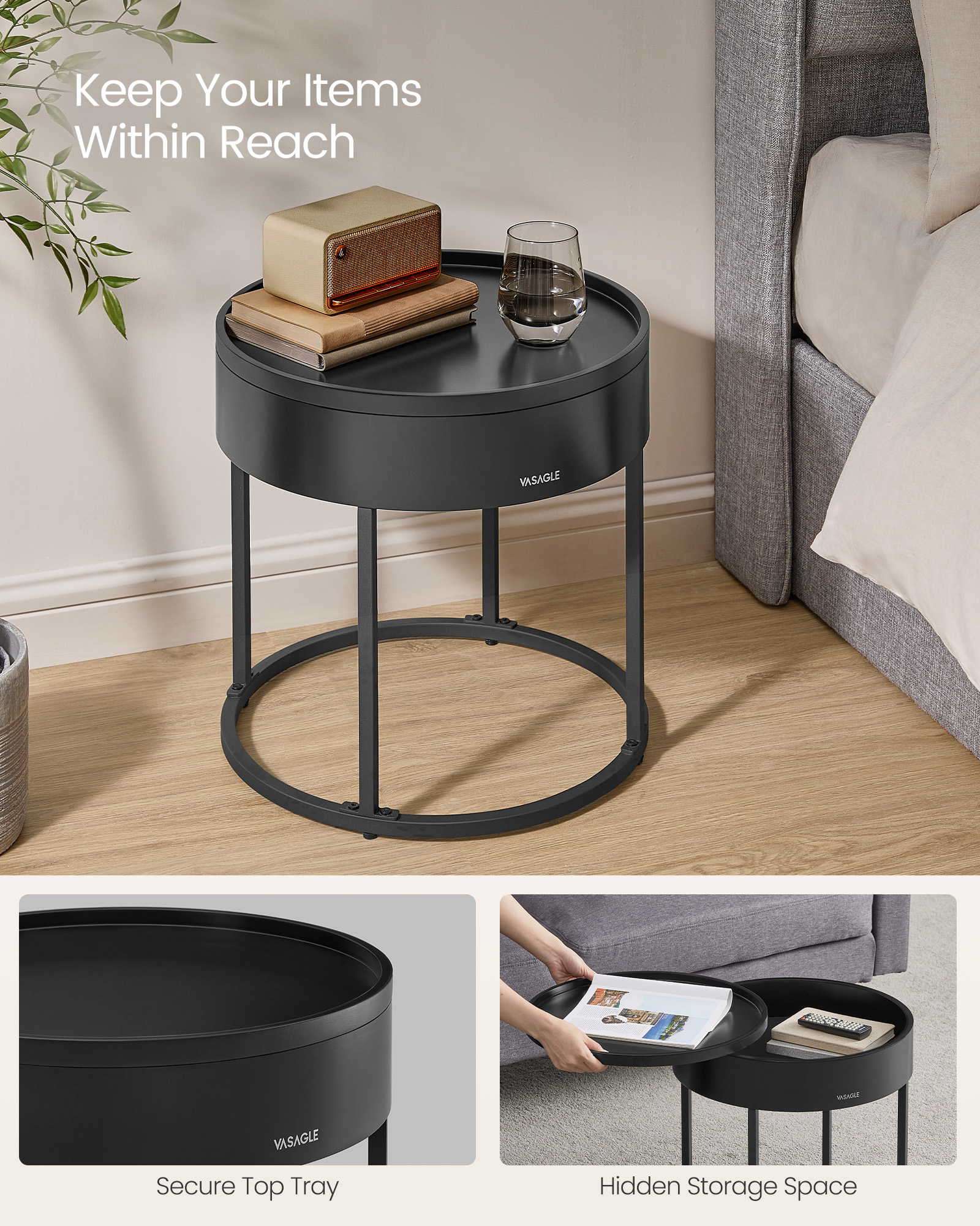 VASAGLE Coffee Tables, Set of 2 Round Side Tables, Nesting Tables, Modern Style, Hidden Storage and Top Tray