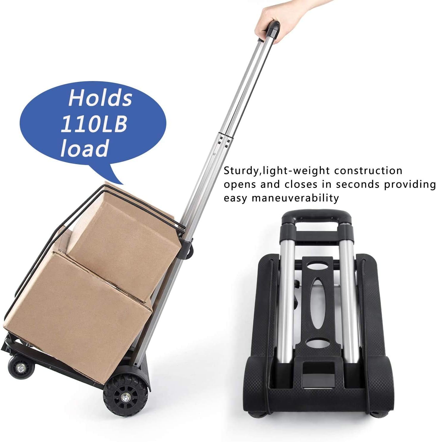 Folding Hand Truck, 4-Wheel Solid Construction Utility Cart with Aluminum Telescopic Rod, Foldable Roller Shopping
