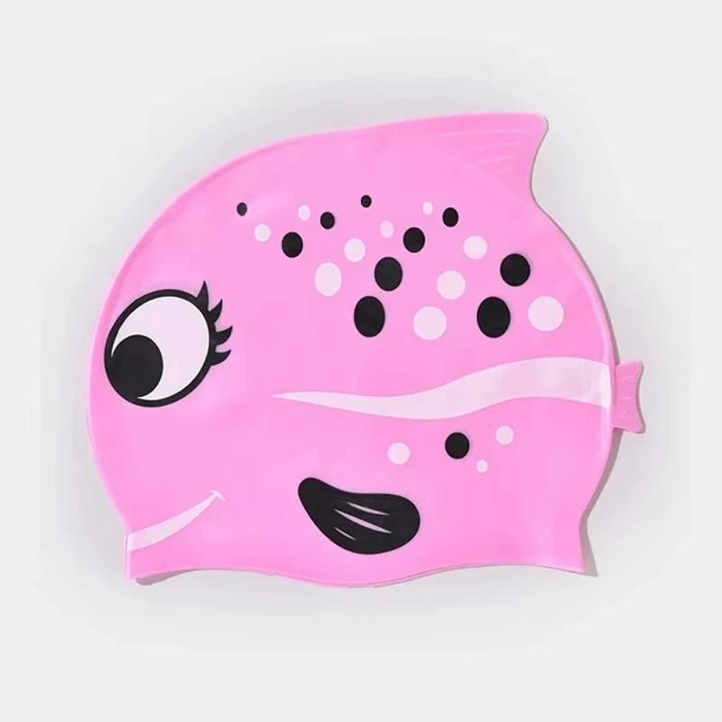 Gorro de natación de silicona resistente al agua con dibujos de peces para niños y niñas, gorro de natación cómodo y suave sin cabeza cortada