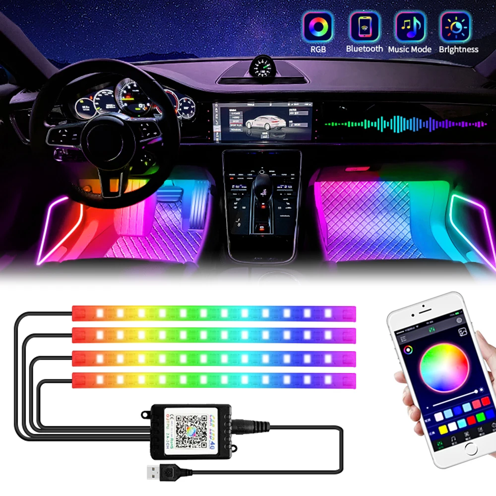 Neon 48 72 LED Auto-Innenraum-Umgebungsfußlicht mit kabelloser USB-Fernbedienung, Musik-App-Steuerung, automatische RGB-Atmosphäre, dekorative Lampen