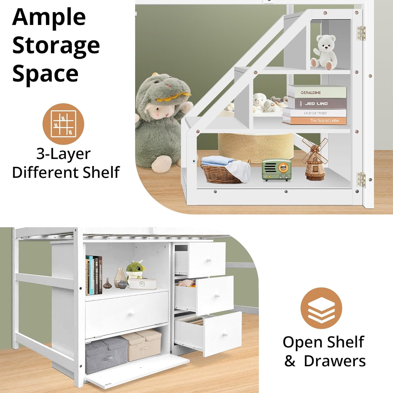 Bed with Pullable Storage Staircase and 2 Cabinet, Wooden Stairway Loft Bed with Drawers and Shelves, Twin Size Bed Frame for Gi