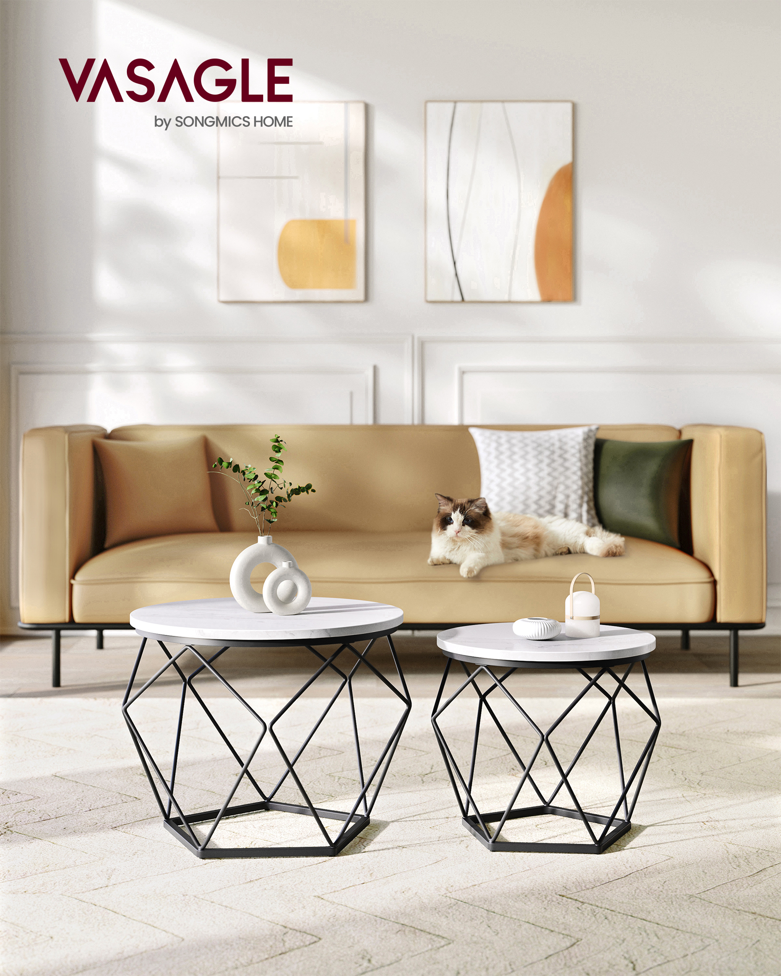 VASAGLE Couchtisch rund, 2er Set, Wohnzimmertisch, Beistelltisch, modern, abnehmbare Tischplatte, für Wohnzimmer