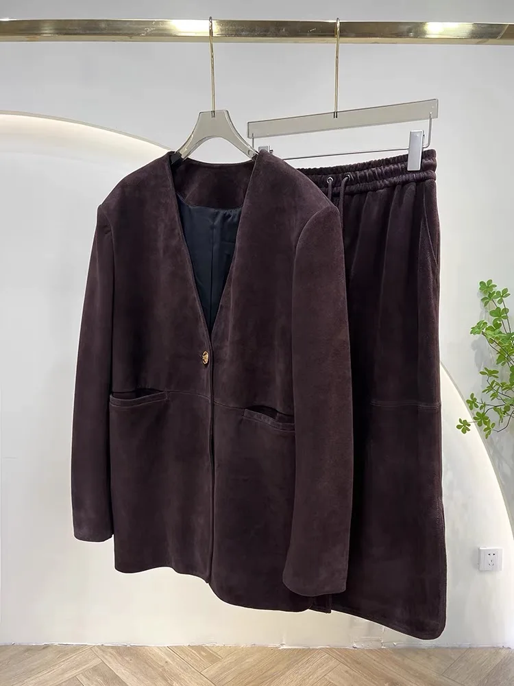 Vintage chocoladebruin Kid Suède Jas voor Vrouwen Nieuwe High Sense Losse Oversized Leren Pak Blazer Vrouwelijke Casual Jas Streetw