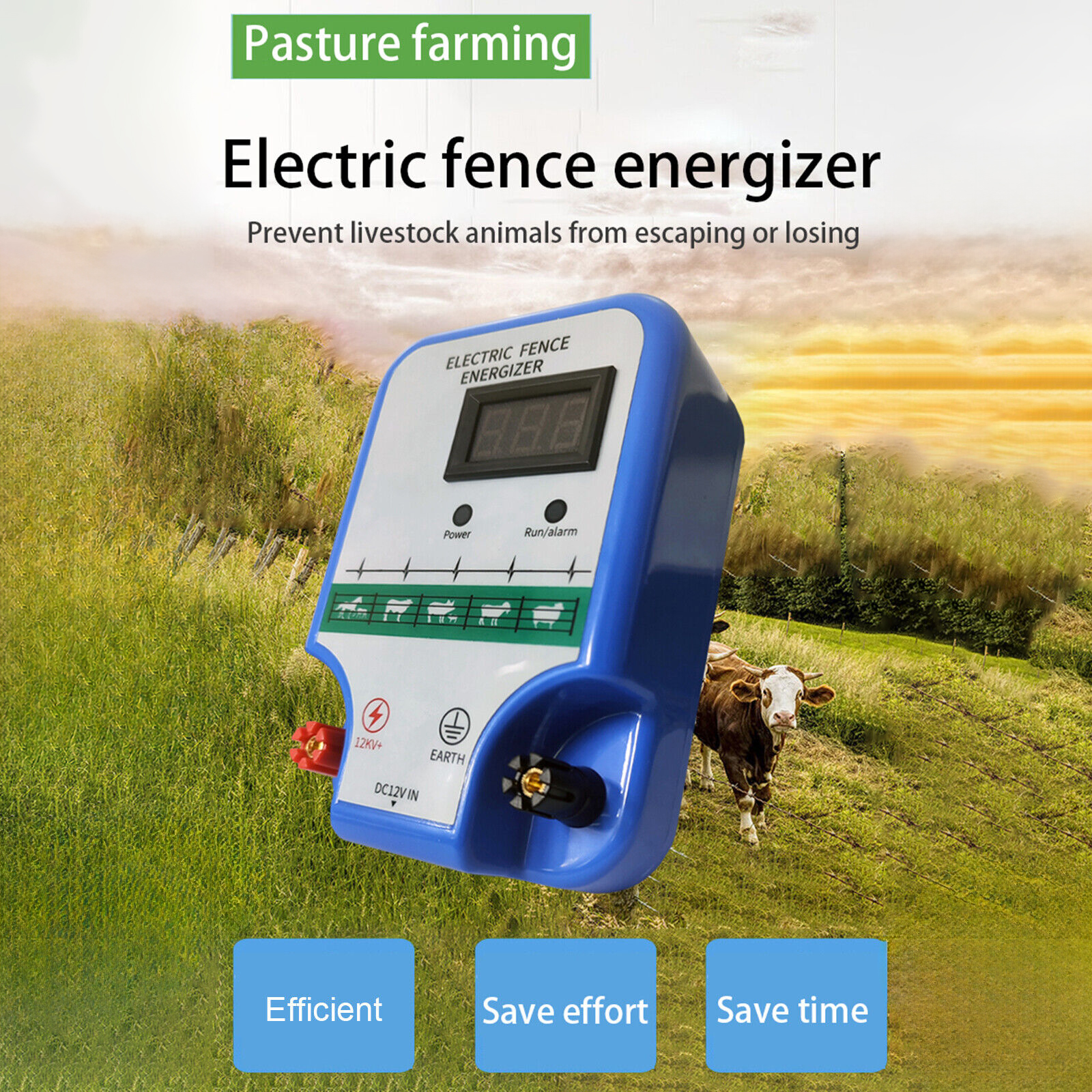 Energizador de cerca elétrica movido a energia solar |   Segurança para aves agrícolas 1,5-2J com IP65 e modo noturno |   Portátil para gado/ovelhas/cavalo